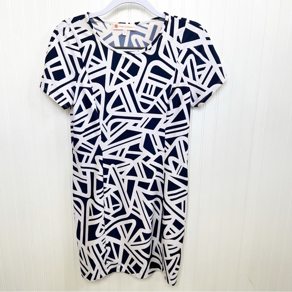 Jude Connally Navy Blue & White Abstract Geometric Short Sleeve Ella Dress Small